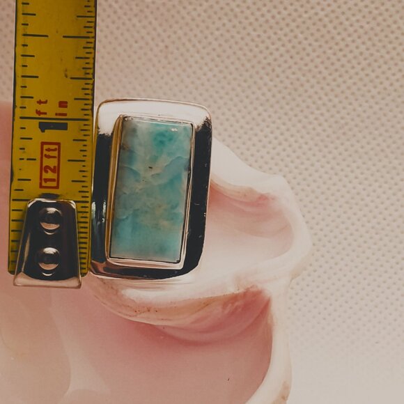 Natural Larimar Sterling Silver Rectangle Design Ring Size 9 Artisan - Picture 3 of 7